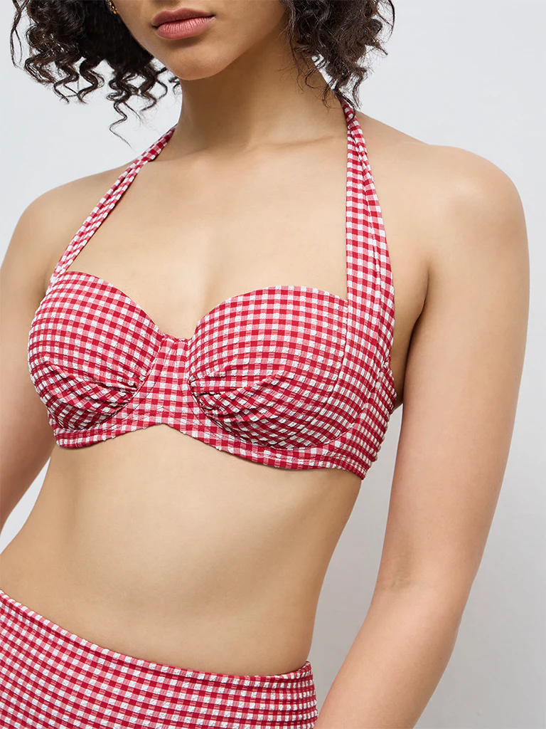 Wunderlove Red Checkered Halter-Neck Balconette Bra - Image 3