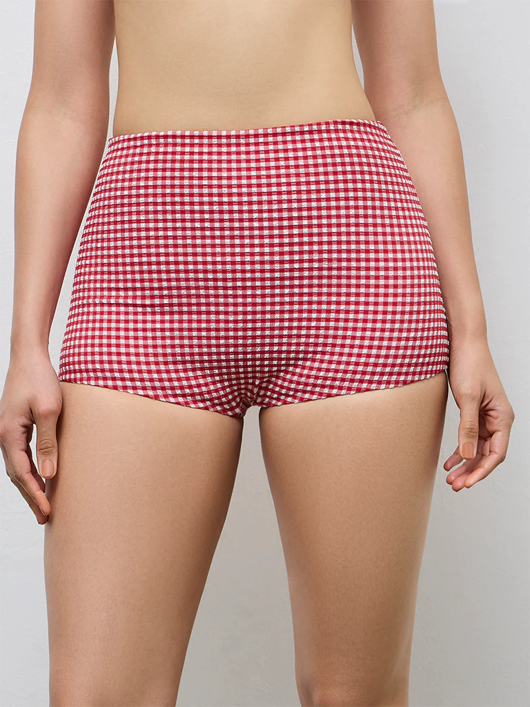 Wunderlove Red Checkered Hi-Waist Boy Shorts Briefs - Image 2