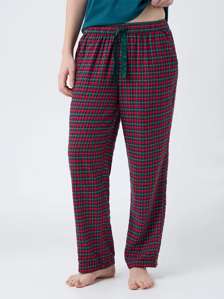Wunderlove Red Checkered High-Rise Cotton Pants - Image 2