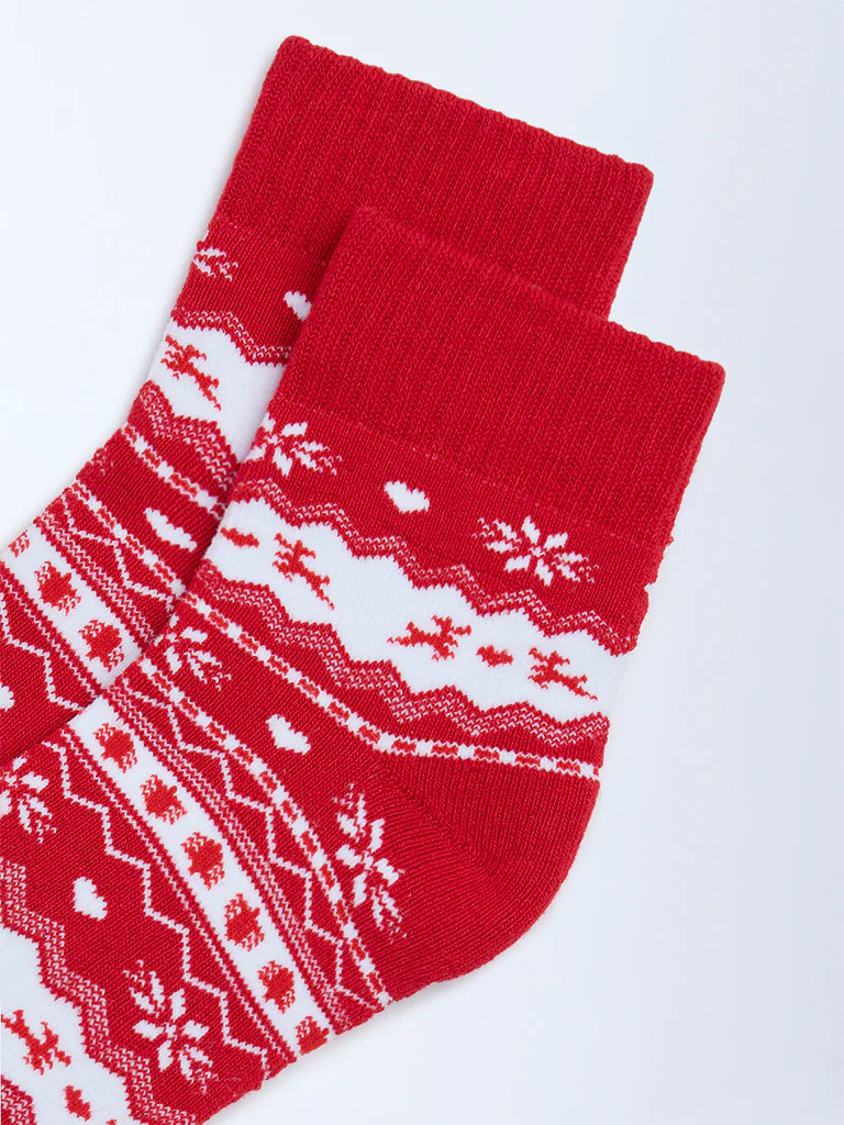 Wunderlove Red Christmas-Themed Cotton-Blend Socks - Image 3