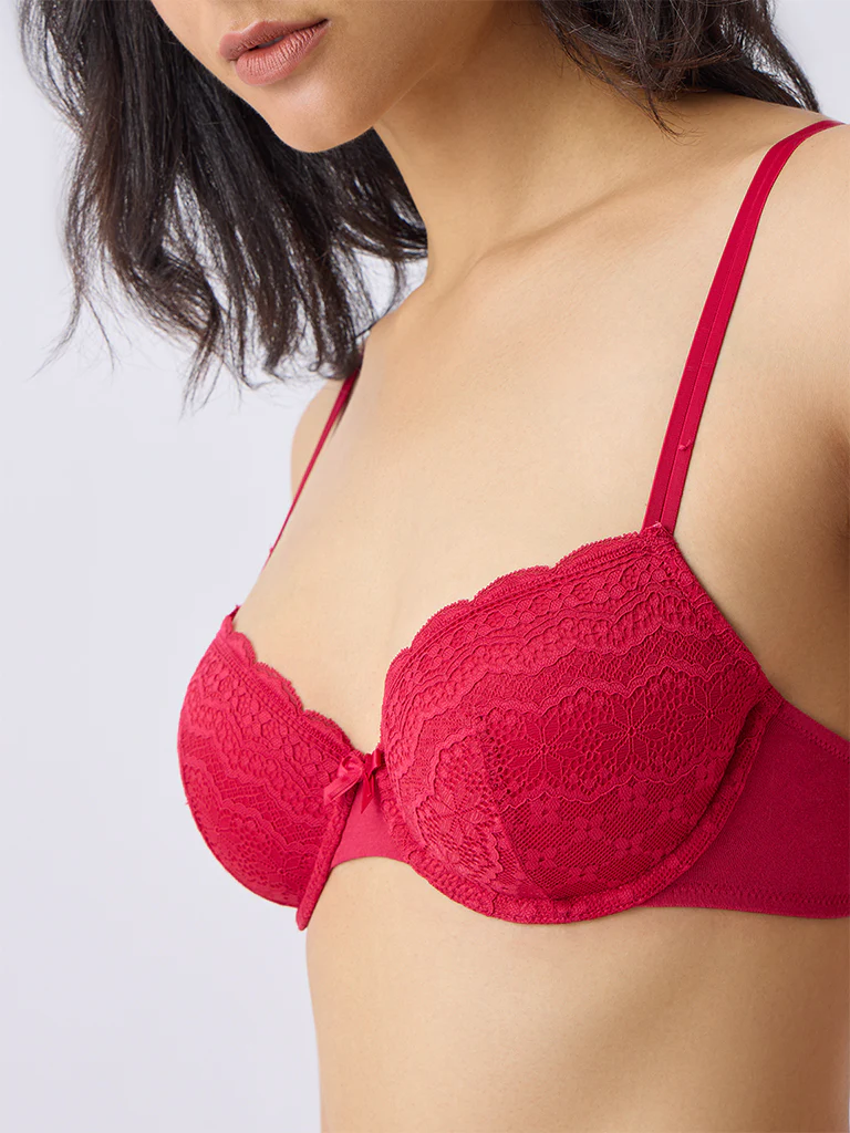 Wunderlove Red Lace-Detail Underwired Cotton-Blend Bra - Image 3