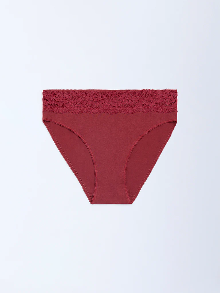 Wunderlove Red Lace Hi-Leg Cotton-Blend Briefs - Pack of 3 - Image 4