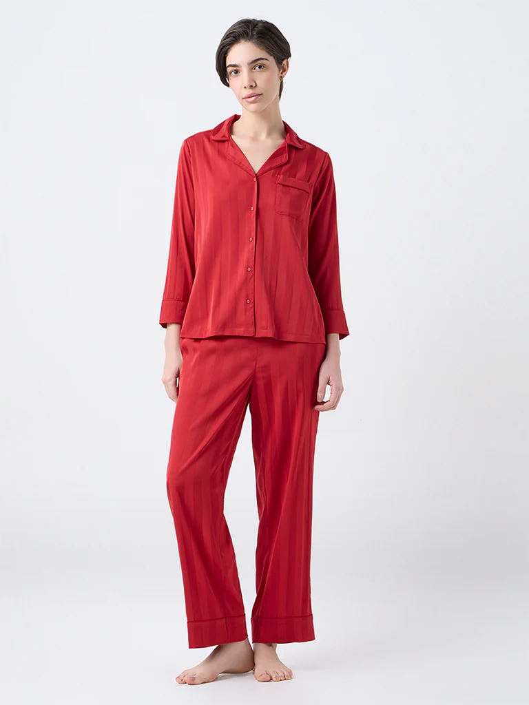 Wunderlove Red Self-Striped Satin Shirt with Pyjama Set - Image 2
