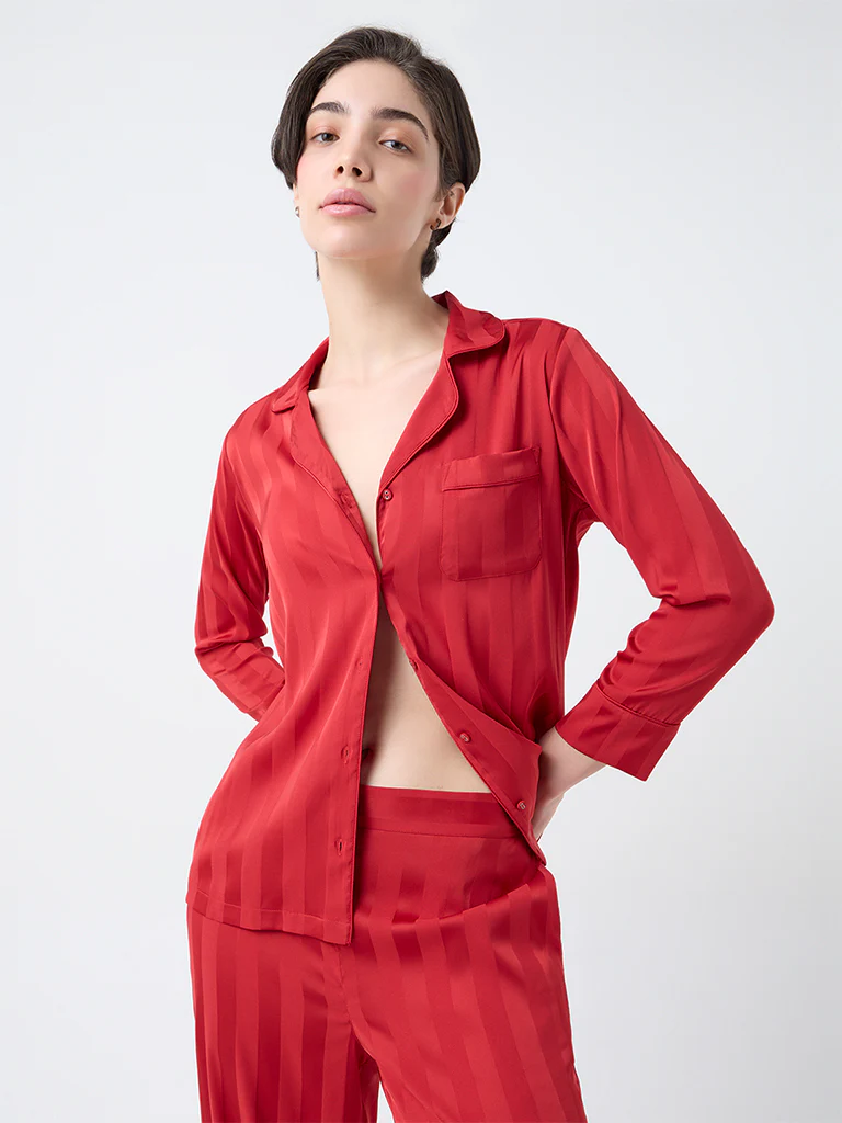 Wunderlove Red Self-Striped Satin Shirt with Pyjama Set - Image 3