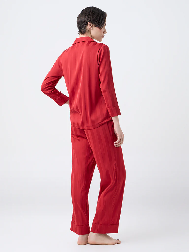 Wunderlove Red Self-Striped Satin Shirt with Pyjama Set - Image 4