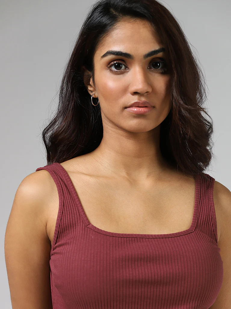 Wunderlove Rust Ribbed Cotton-Blend Camisole - Image 2