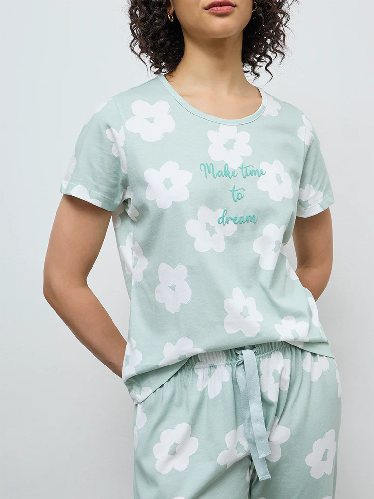 Wunderlove Sage Floral Cotton Pyjama Set in a Bag - Image 3