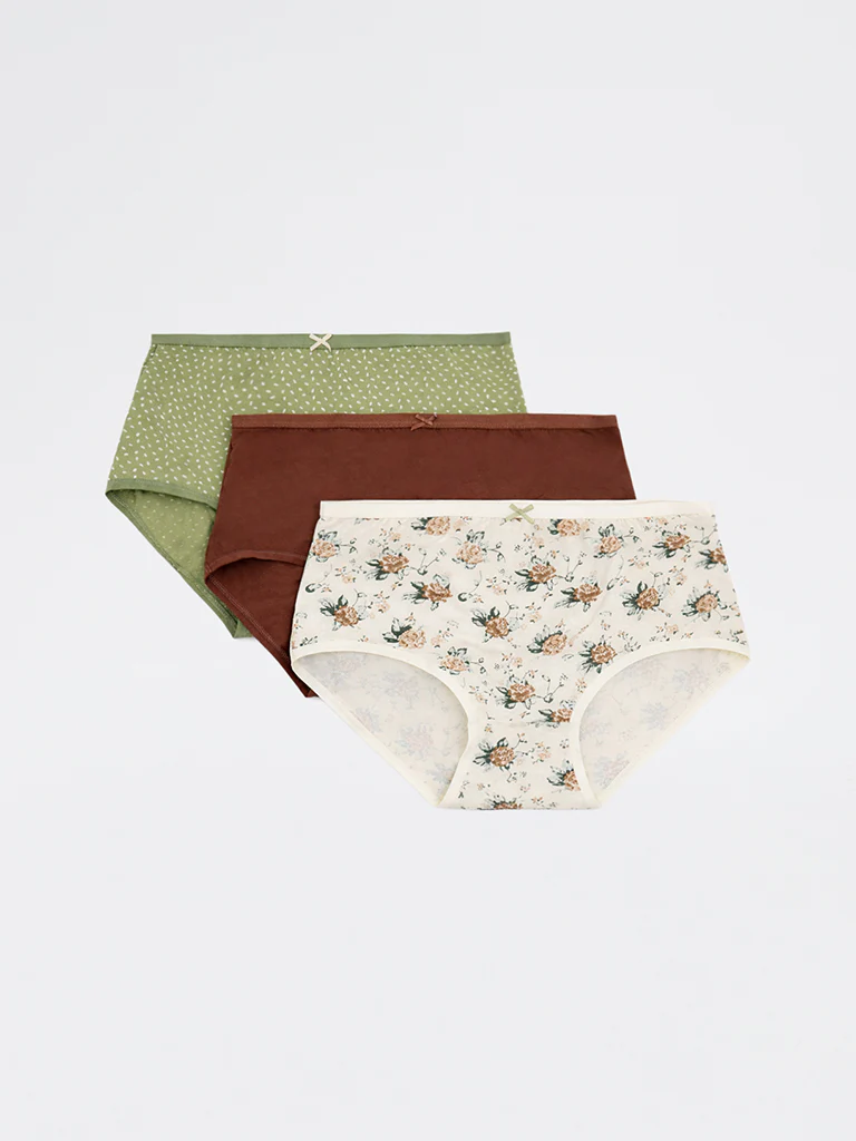 Wunderlove Sage Printed Hi-Rise Cotton-Blend Briefs - Pack of 3 - Image 2
