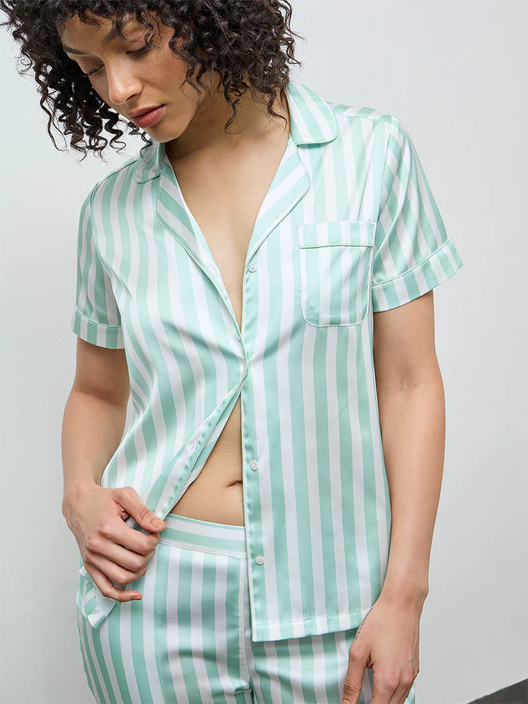 Wunderlove Sage Striped Satin Shirt and Pyjama Set - Image 3