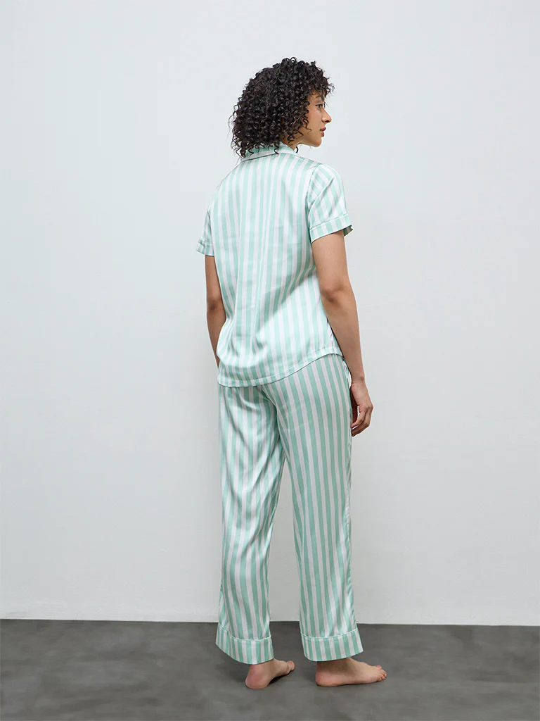 Wunderlove Sage Striped Satin Shirt and Pyjama Set - Image 4