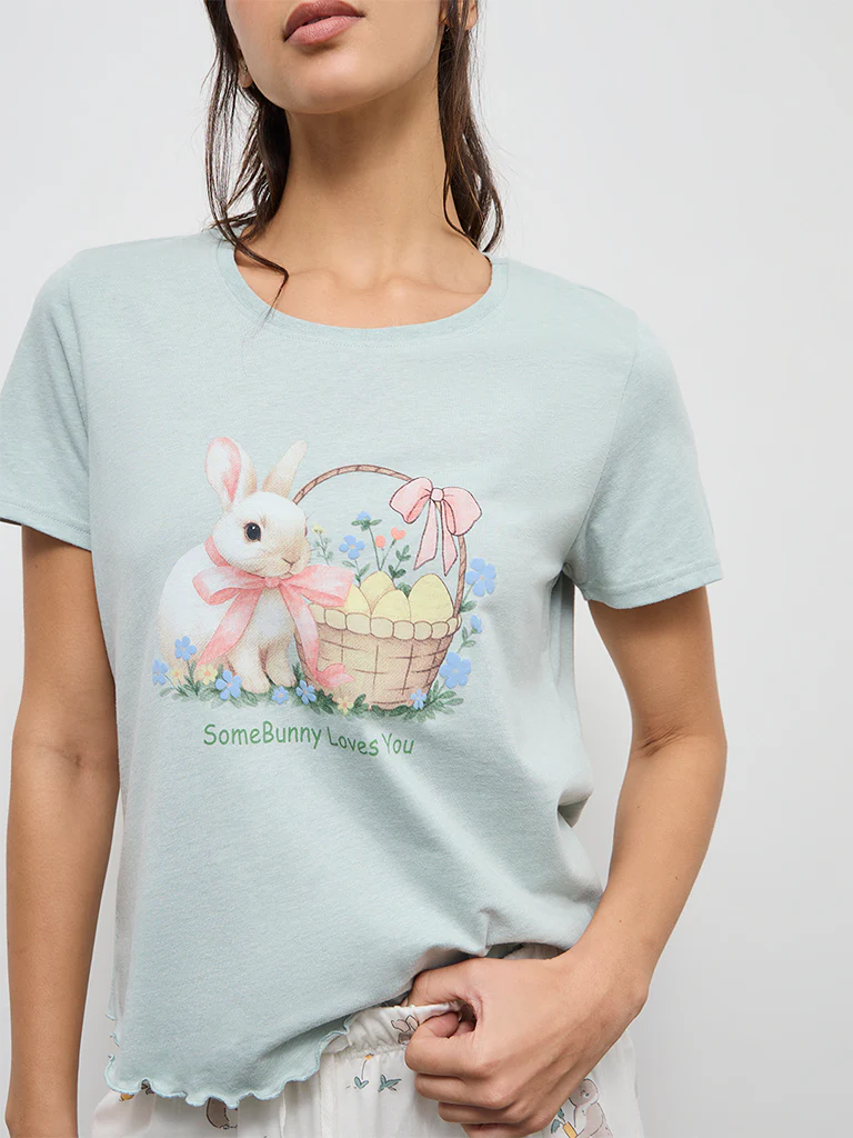 Wunderlove Sea Green Cotton-Blend T-Shirt and Shorts Set - Image 3