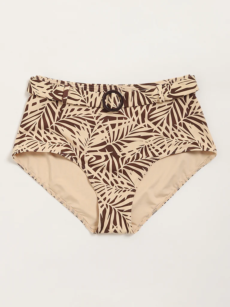 Wunderlove Swimwear Beige Leaf Print Belted Briefs - Image 6