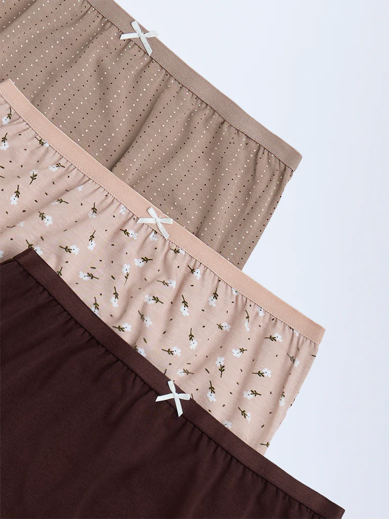 Wunderlove Taupe Cotton-Blend Full Briefs - Pack of 3 - Image 2