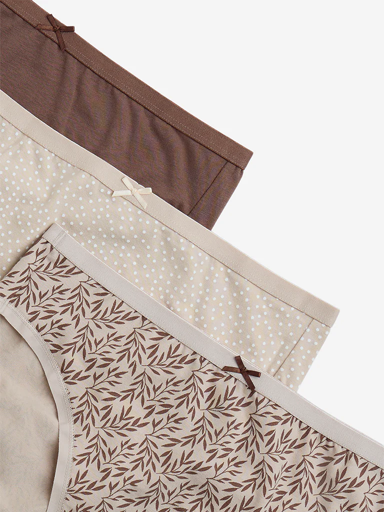 Wunderlove Taupe Printed Cotton-Blend Briefs - Pack of 3 - Image 4
