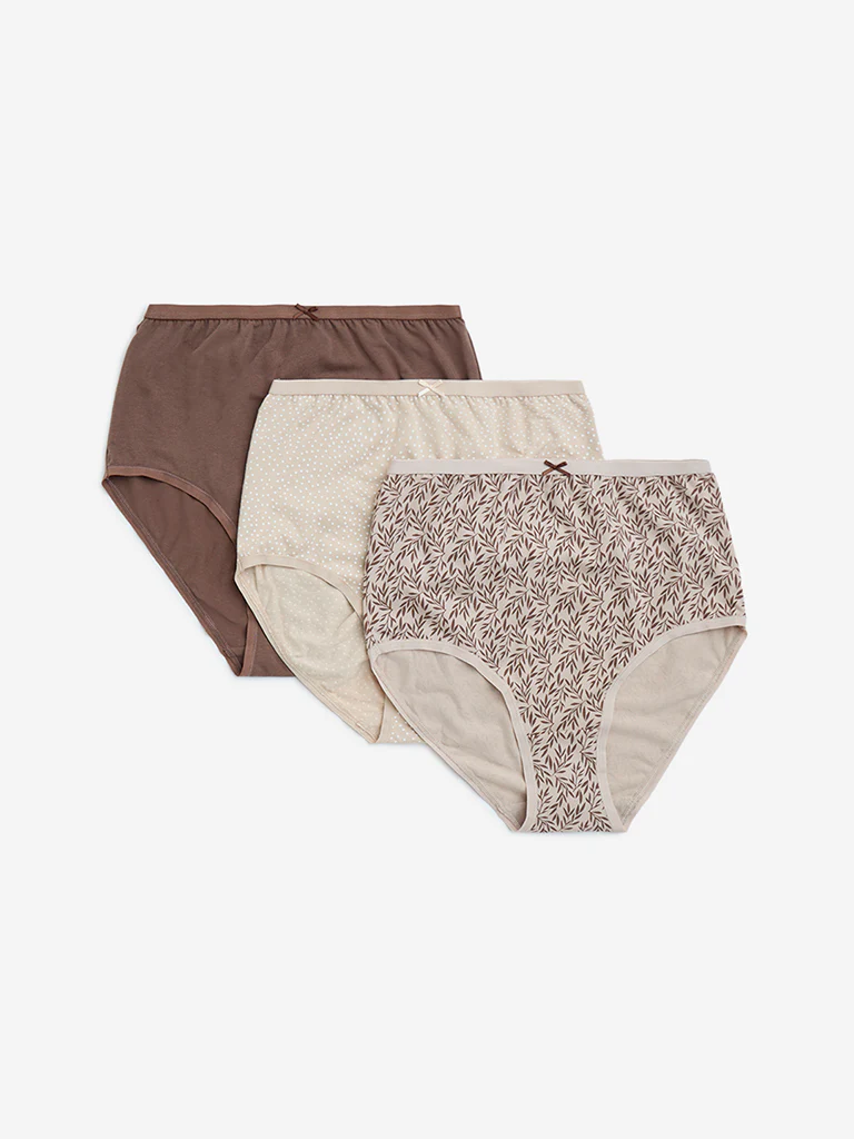 Wunderlove Taupe Printed Cotton-Blend Full Briefs - Pack of 3 - Image 2
