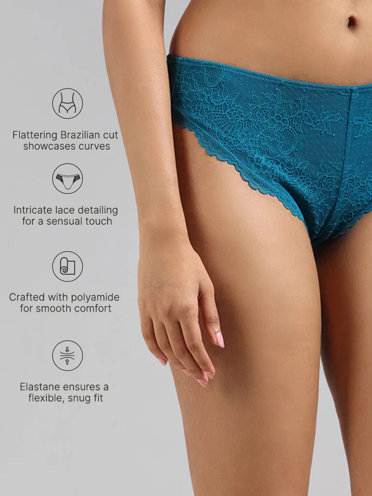 Wunderlove Teal Cotton-Blend Lace Insert Brazilian Briefs - Image 4