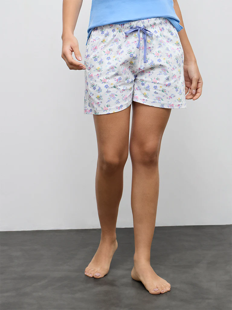 Wunderlove White Floral Printed High-Rise Cotton Shorts - Image 2