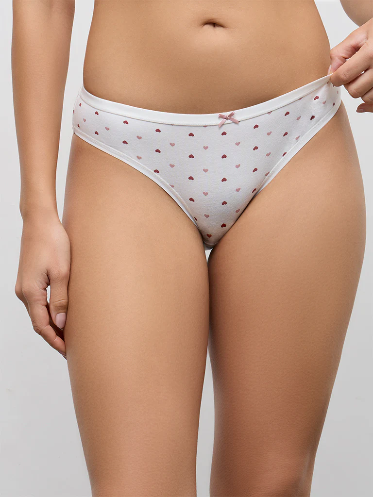 Wunderlove White Heart Printed Cotton-Blend Bikini Briefs - Pack of 3 - Image 3