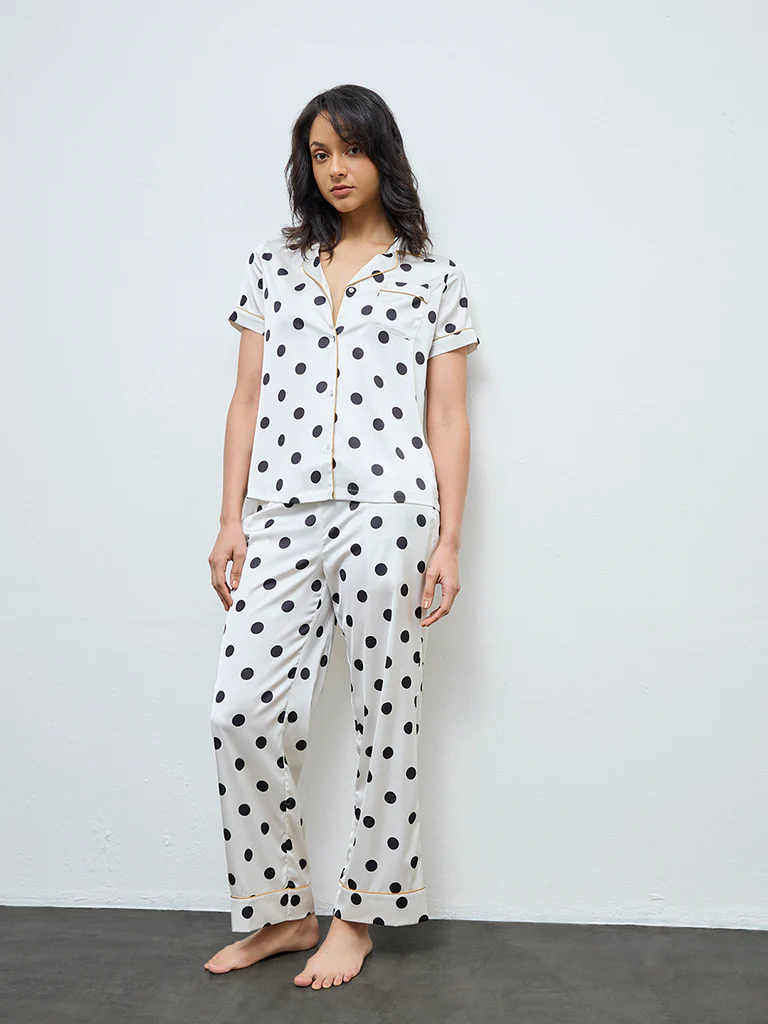 Wunderlove White Polka-Dots Shirt and Pyjamas Set
