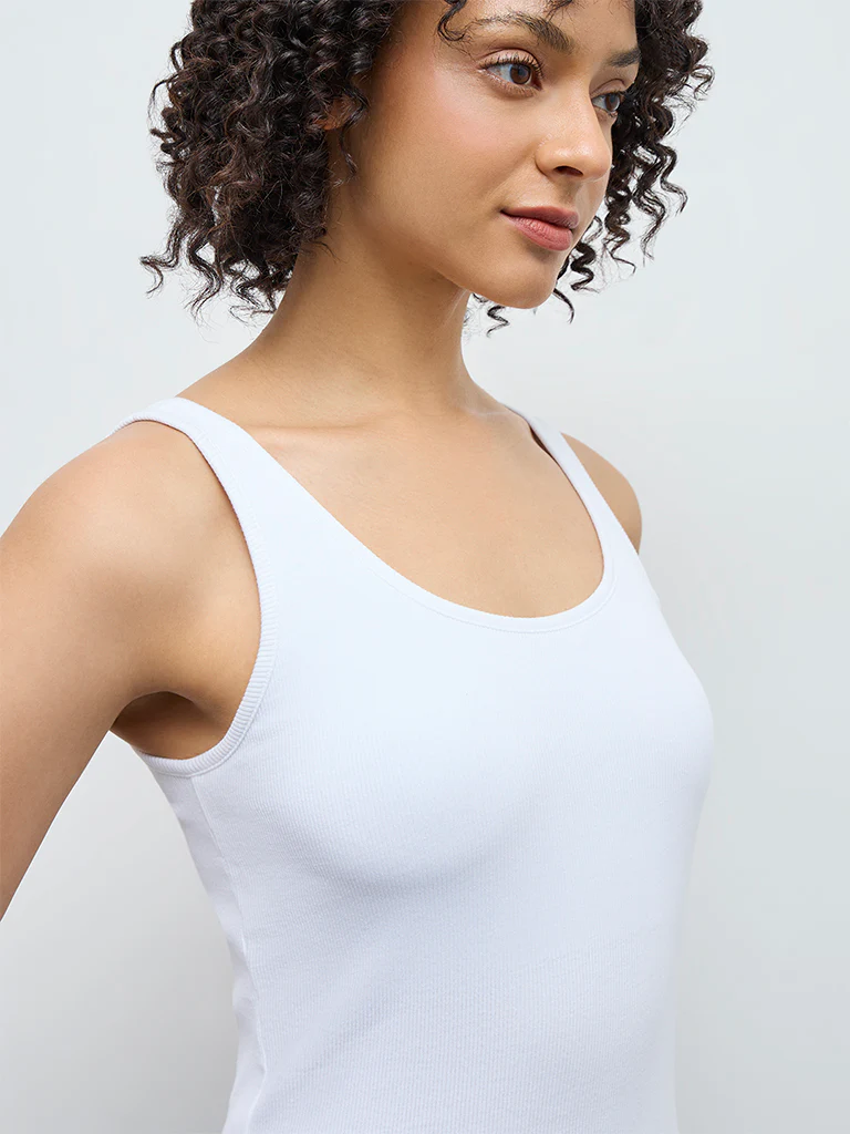 Wunderlove White Ribbed Cotton-Blend Tank Top - Image 3