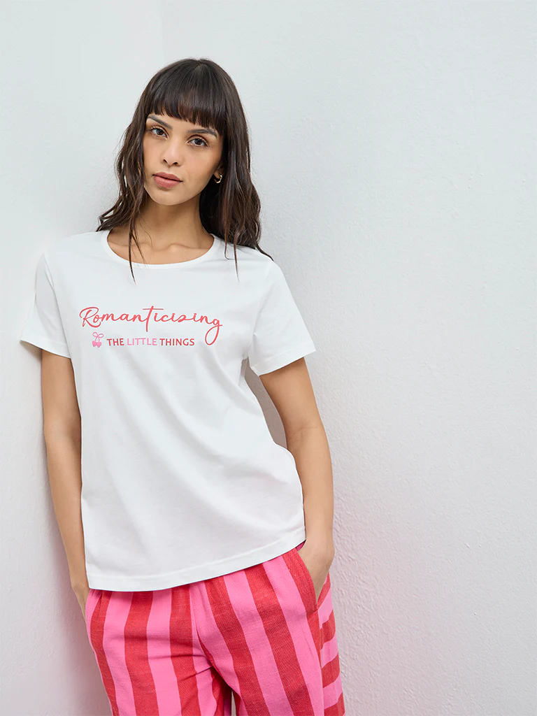 Wunderlove White Typographic Cotton T-Shirt