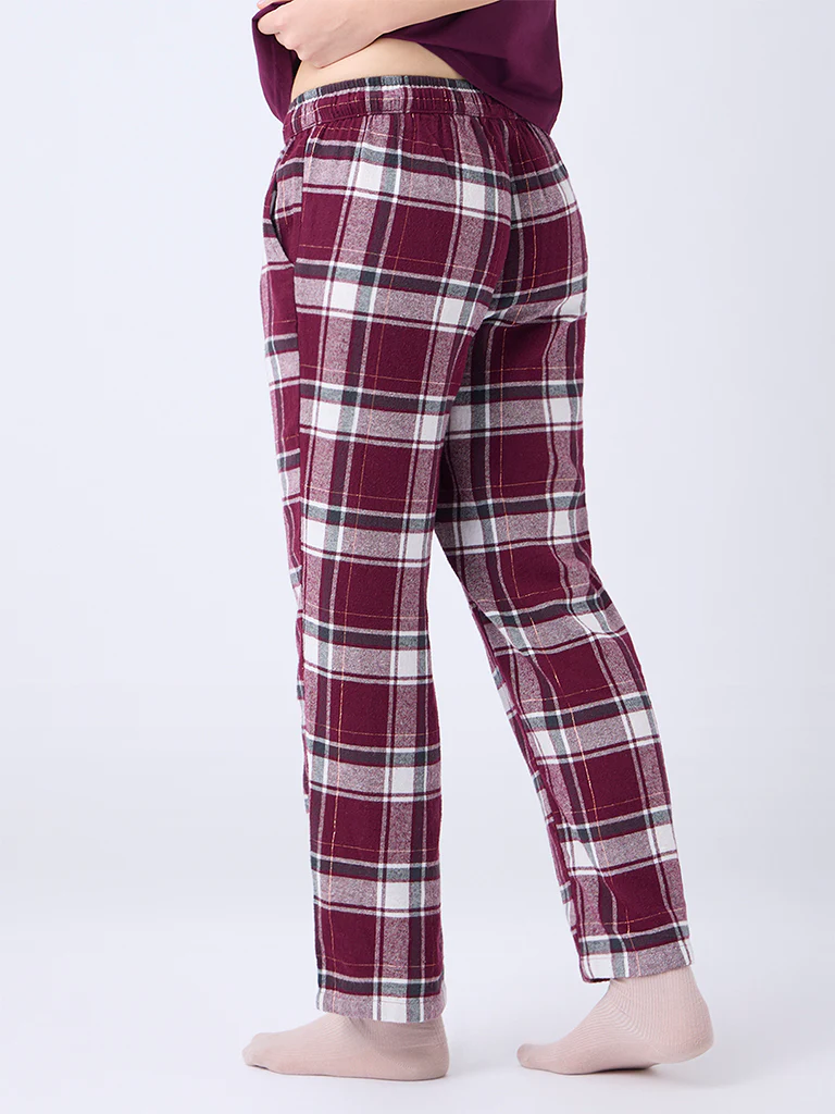 Wunderlove Wine Checks Pattern High-Rise Cotton Pants - Image 3