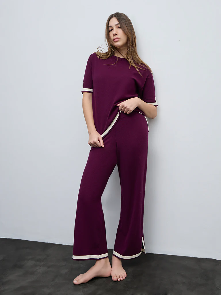 Wunderlove Wine Contrast Detailed High-Rise Pants