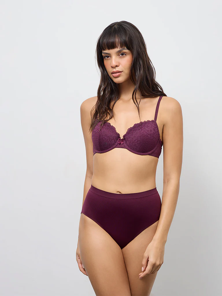 Wunderlove Wine Floral Lace Cotton-Blend Underwired Bra