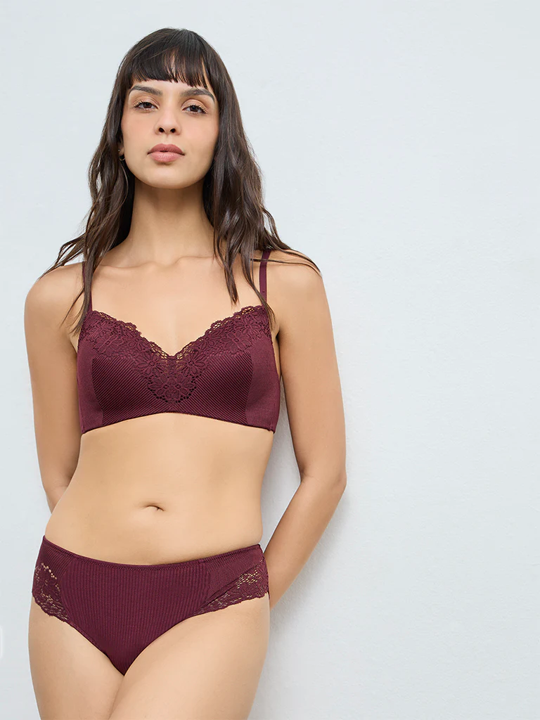 Wunderlove Wine Lace Design Ribbed Padded Bra - Image 2