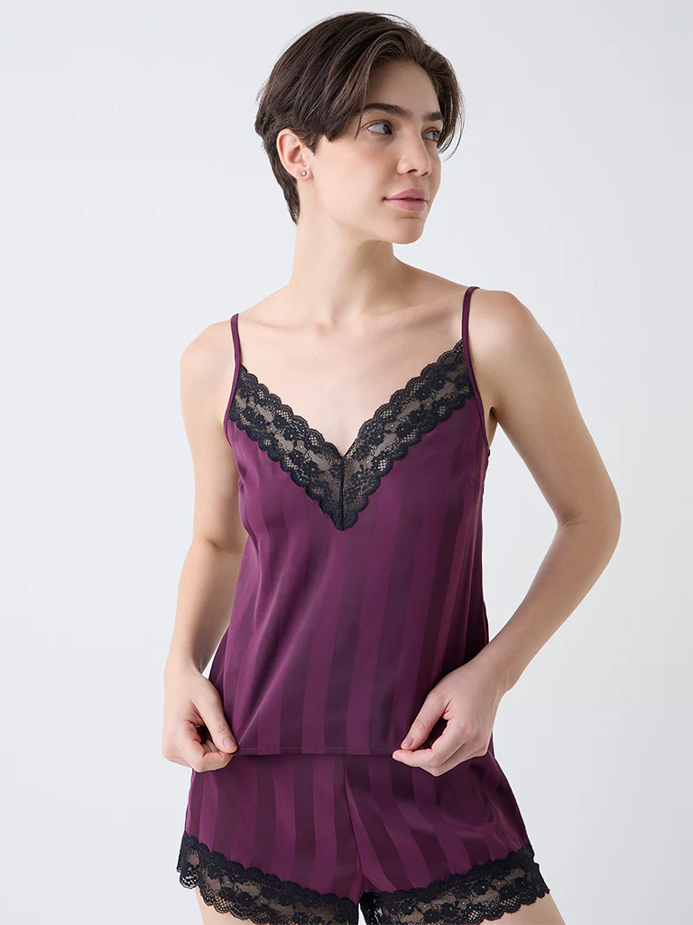 Wunderlove Wine Lace Detailed Satin Camisole - Image 2