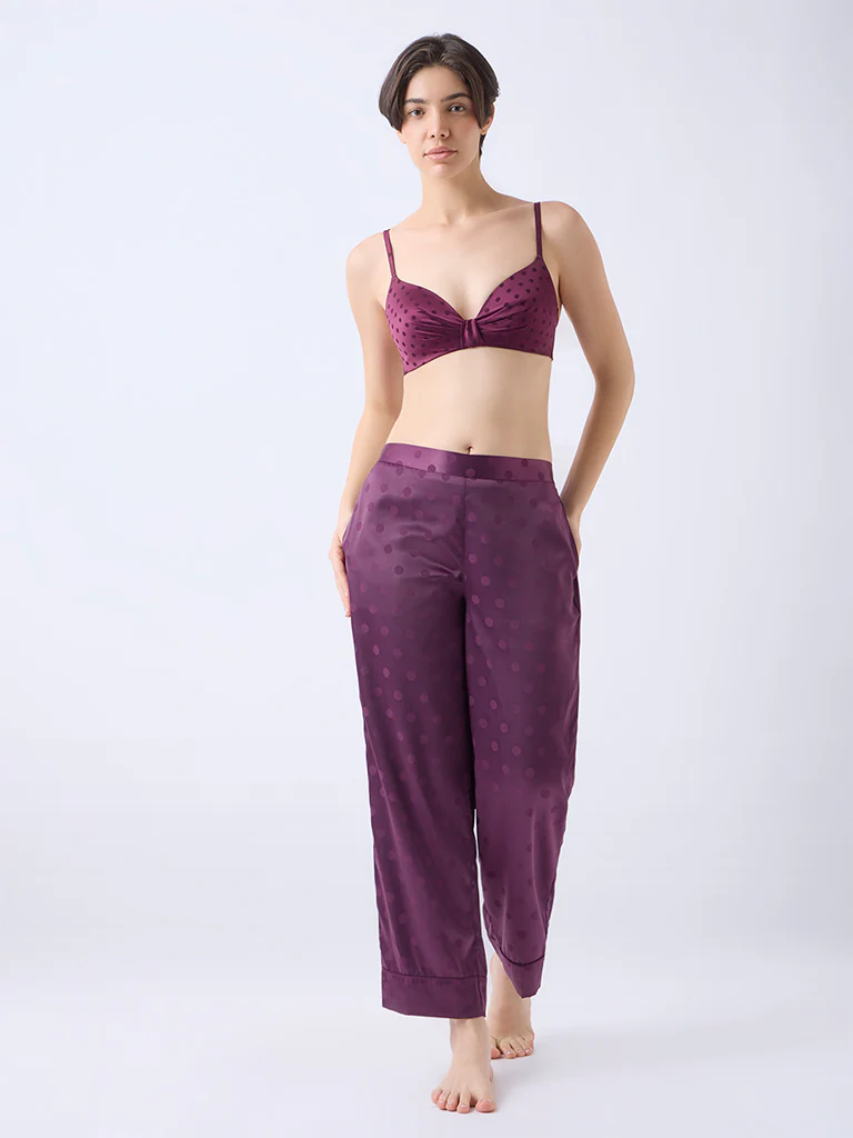 Wunderlove Wine Polka Dot Satin Padded Bra