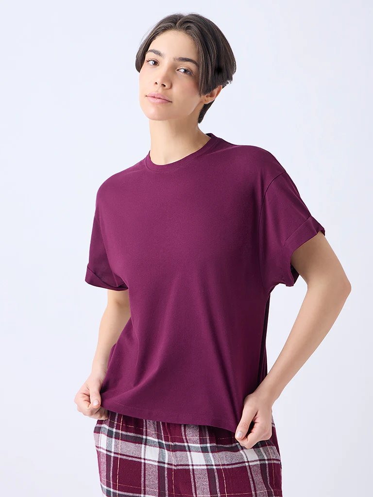 Wunderlove Wine Solid Cotton T-Shirt - Image 2