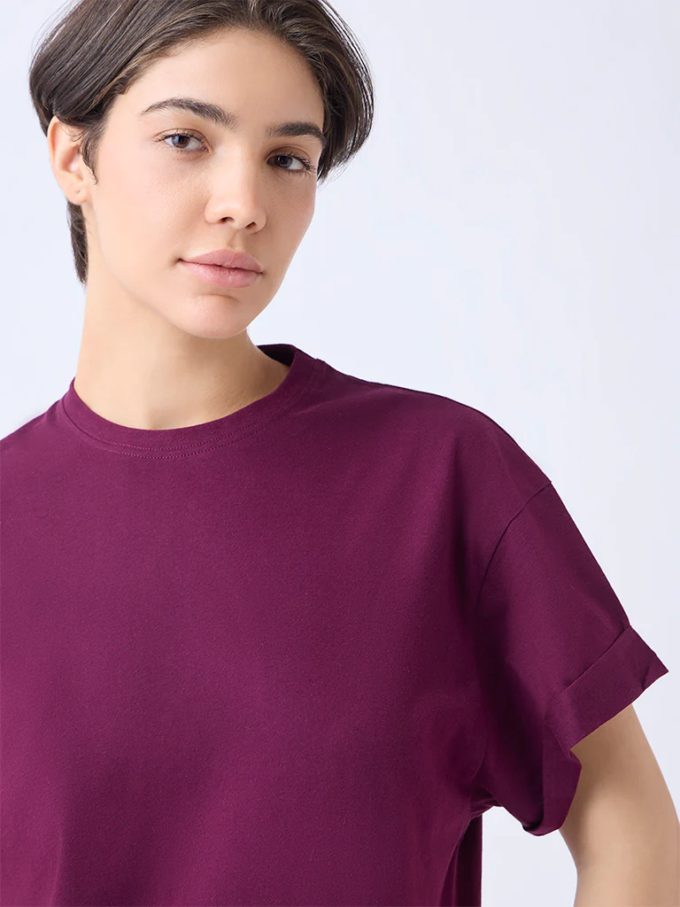 Wunderlove Wine Solid Cotton T-Shirt - Image 3