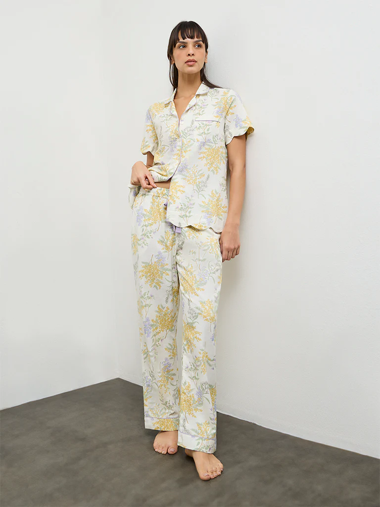 Wunderlove Yellow Floral Printed Shirt and Pyjamas Set
