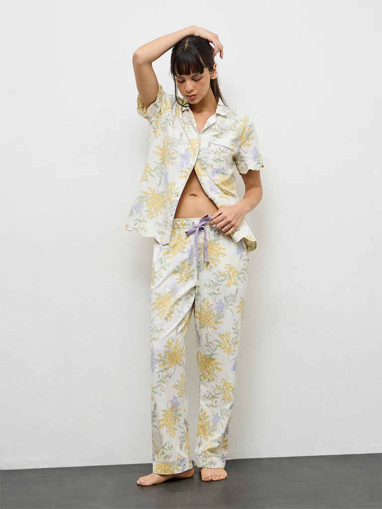 Wunderlove Yellow Floral Printed Shirt and Pyjamas Set - Image 2