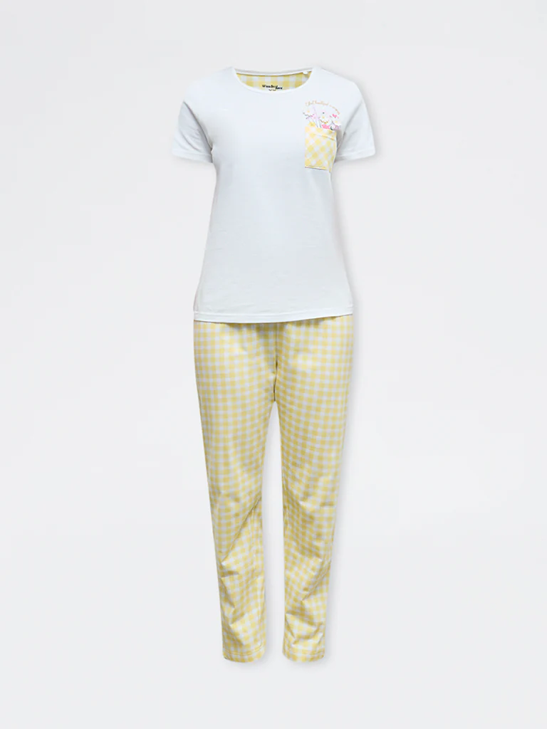 Wunderlove Yellow Printed Embroidered Cotton Pyjama Set - Image 5
