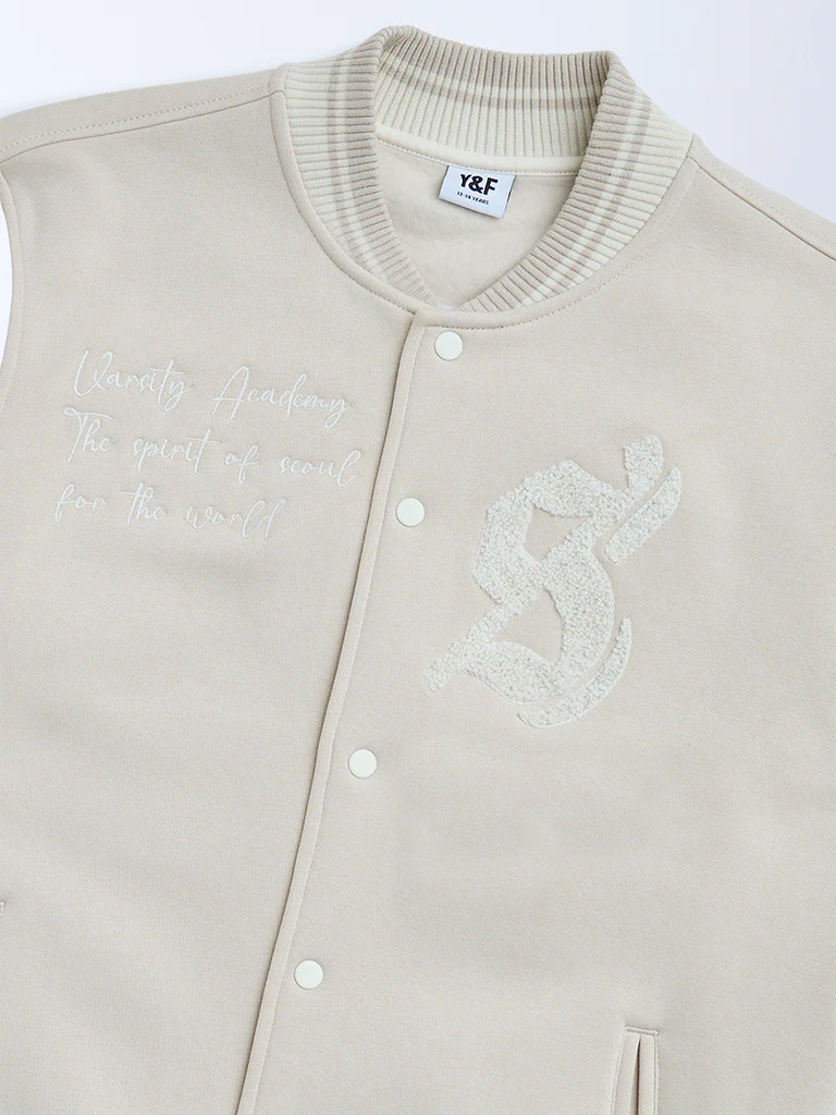 Y&F Kids Boys Beige Animal Printed Cotton-Blend Varsity Jacket - Image 3