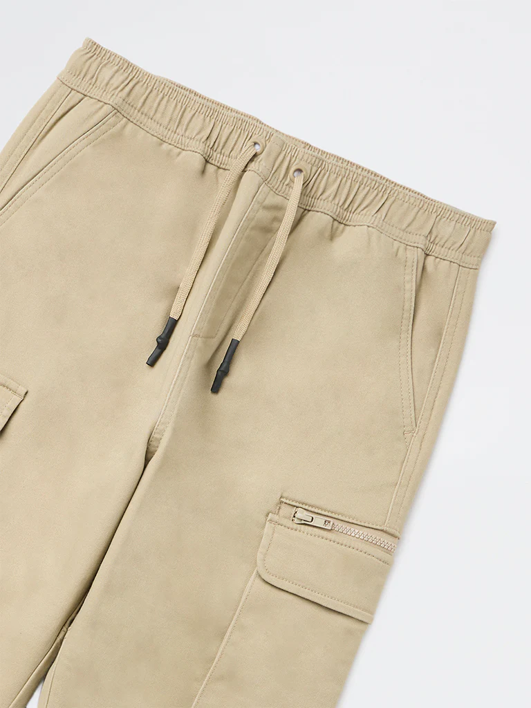 Y&F Kids Boys Beige Cargo-Style Mid-Rise Cotton-Blend Joggers - Image 5