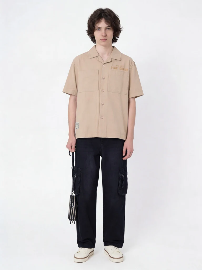Y&F Kids Boys Beige Embroidered Cotton Shirt