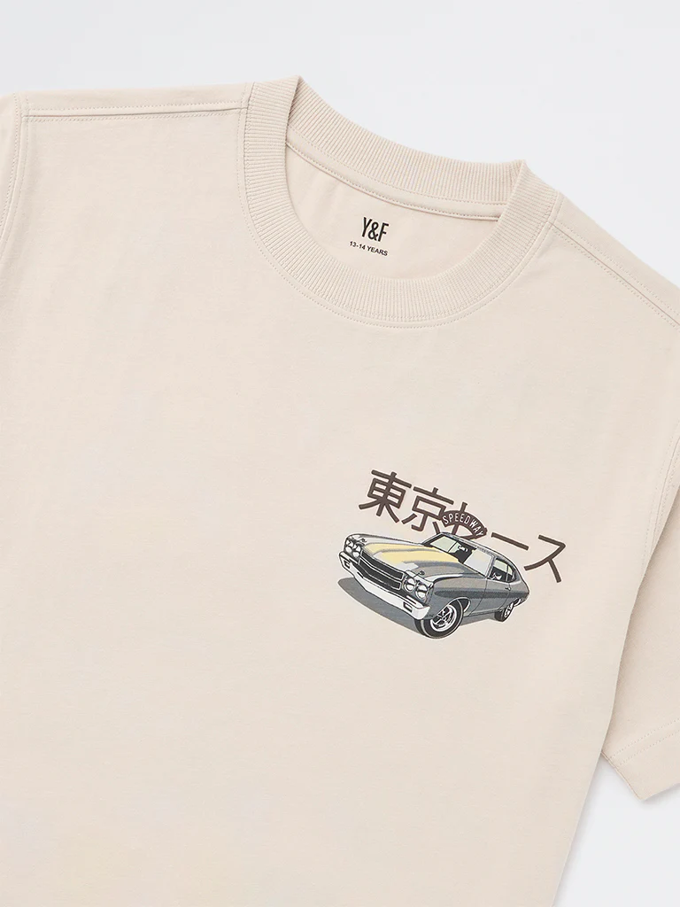 Y&F Kids Boys Beige Printed Cotton T-Shirt - Image 4