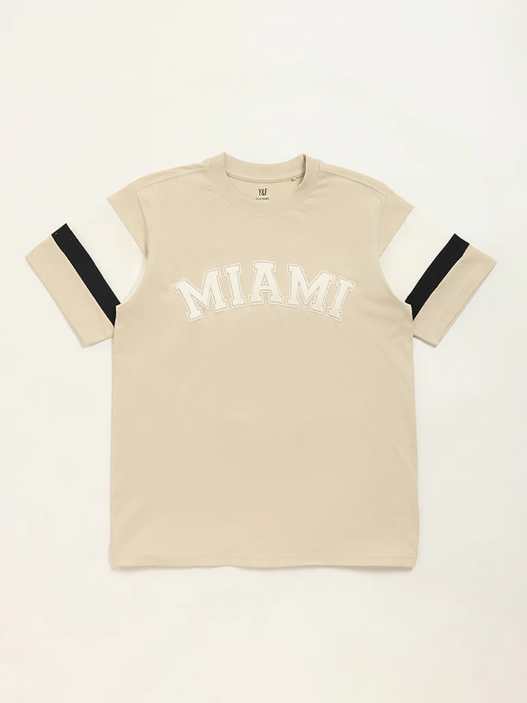 Y&F Kids Boys Beige Text Pattern Cotton T-Shirt