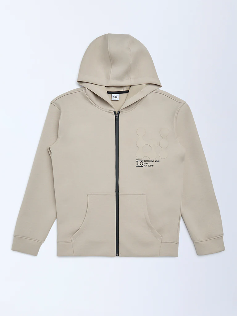 Y&F Kids Boys Beige Typographic Hooded Jacket