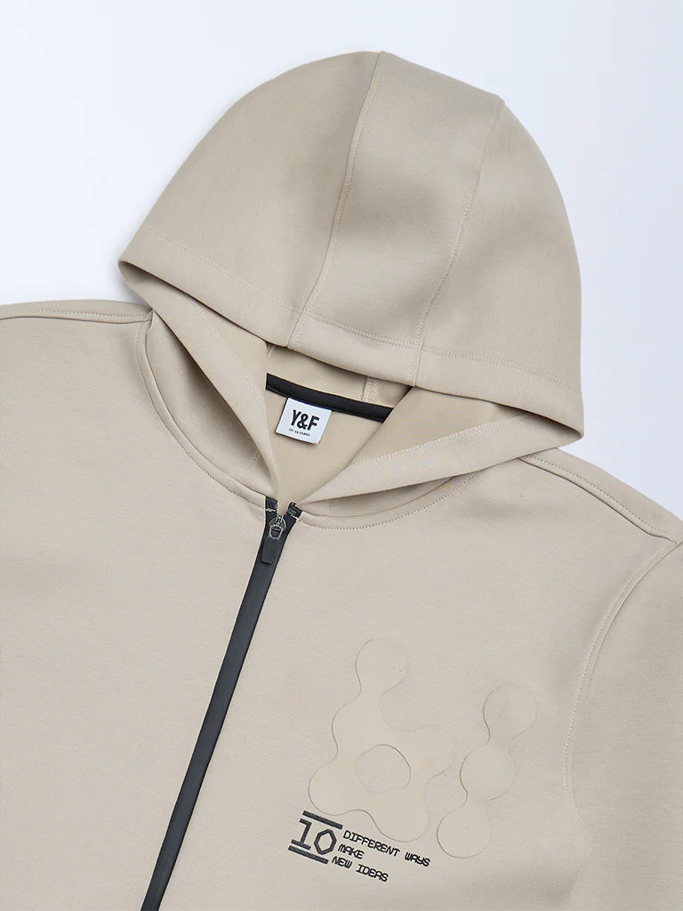 Y&F Kids Boys Beige Typographic Hooded Jacket - Image 3