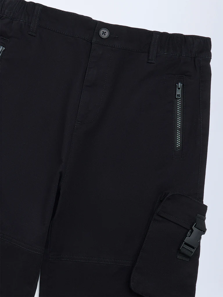 Y&F Kids Boys Black Cargo-Style Mid-Rise Cotton-Blend Trousers - Image 3