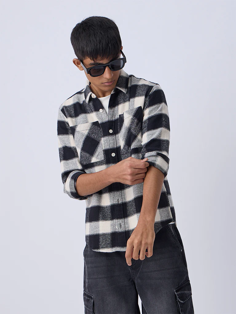 Y&F Kids Boys Black Flannel Checkered Cotton Shirt - Image 2