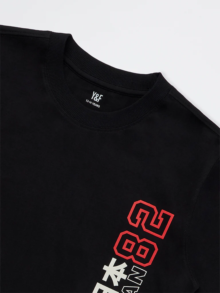 Y&F Kids Boys Black Graphic Printed Cotton T-Shirt - Image 3