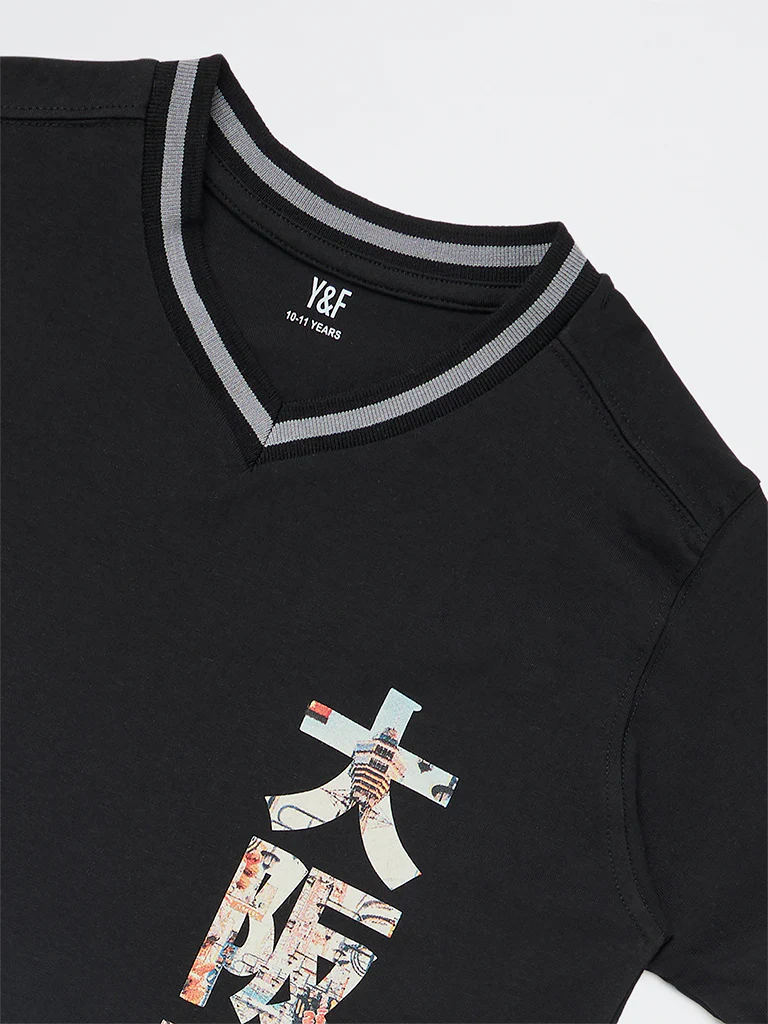 Y&F Kids Boys Black Japanese Text-Printed Cotton T-Shirt - Image 5