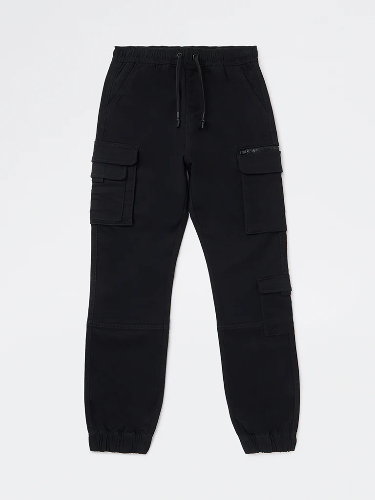 Y&F Kids Boys Black Mid-Rise Cotton-Blend Joggers