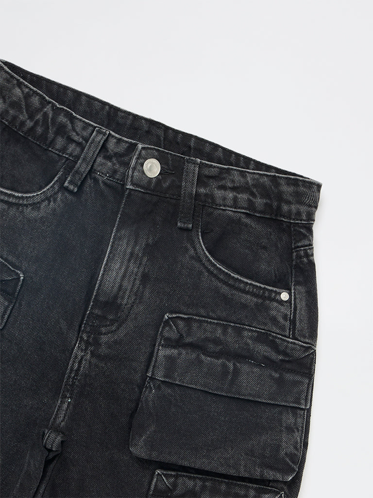 Y&F Kids Boys Black Mid-Rise Denim Cargo Shorts - Image 6