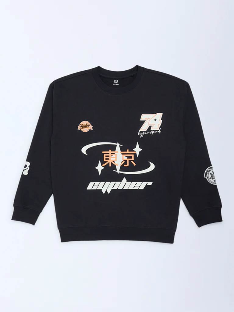 Y&F Kids Boys Black Printed Cotton-Blend Sweatshirt